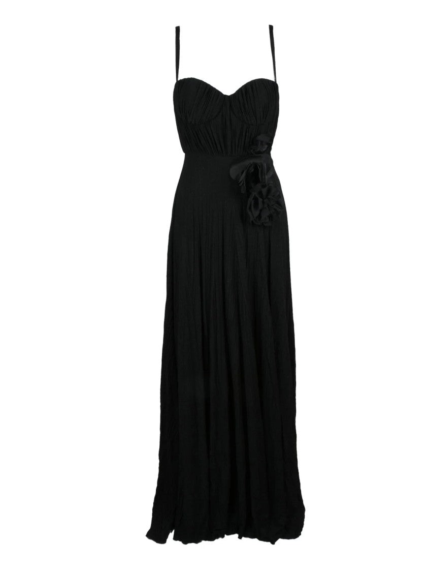 Elisabetta Franchi Black Viscose-Blend Pleated Lamé Long Dress