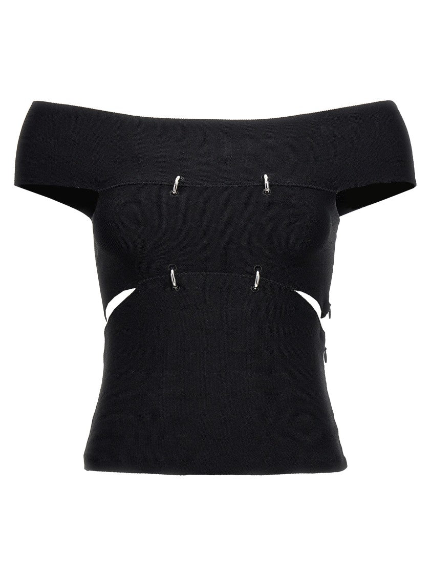 Mcqueen Off-The-Shoulder Cut-Out Knitted Top With Silver Piercings