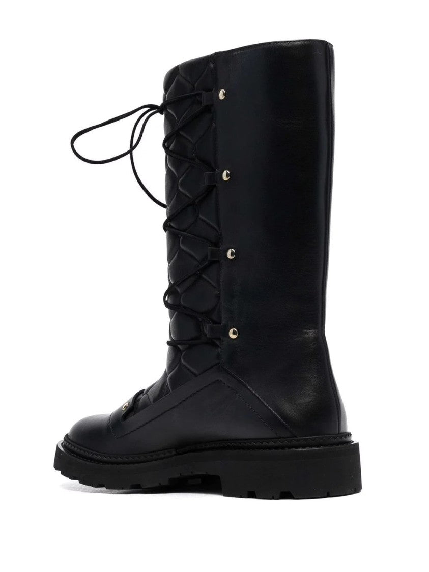 Bally Quilted Black Leather Ankle Boots With Lace-Up Design