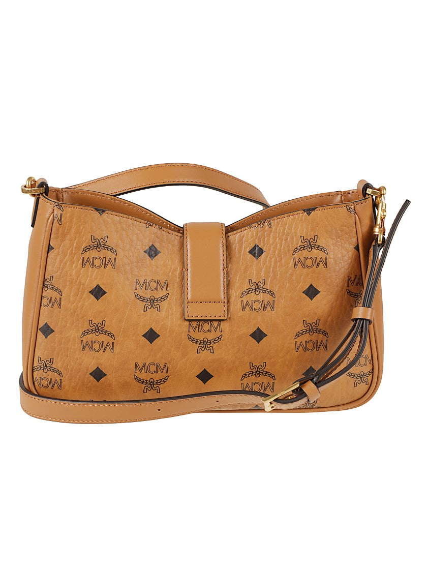 Mcm Rectangular Shoulder Bag With Logo Pattern And Gold Clasp