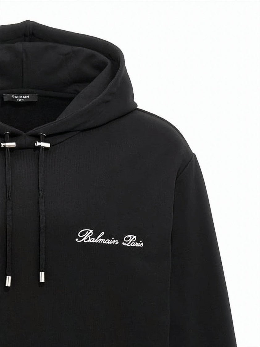 Balmain Minimalist Black Hoodie With Drawstring And Front Pocket
