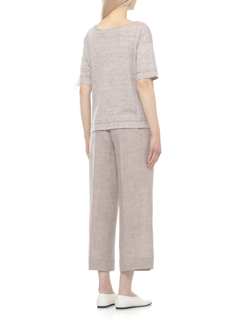 D. Exterior Beige Lace Linen-Blend Short-Sleeved Top