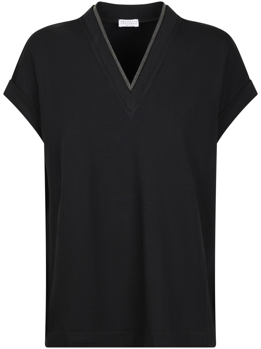 Brunello Cucinelli V-Neck T-Shirt With Relaxed Fit And Contrasting Trim