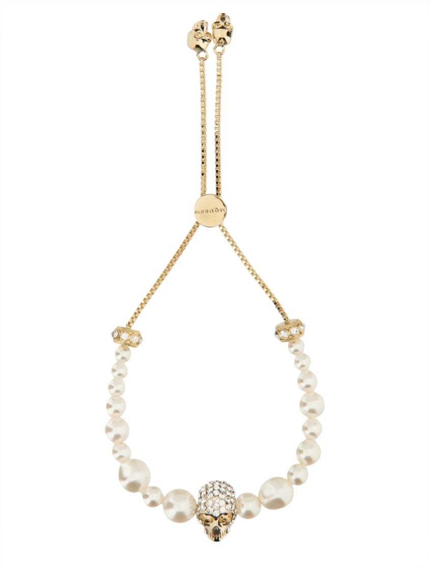 Alexander Mcqueen Neutrals Skull Graduate Faux Pearls Bracelet