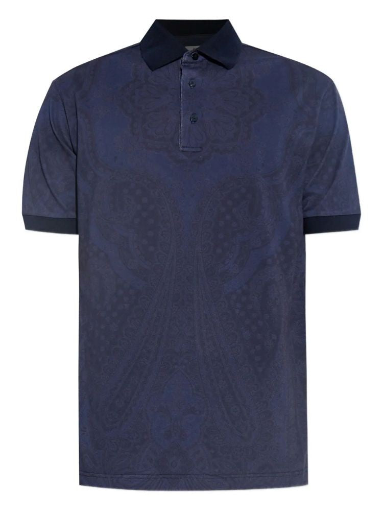 Etro Blue Paisley Jacquard Cotton Short-Sleeve Polo Shirt