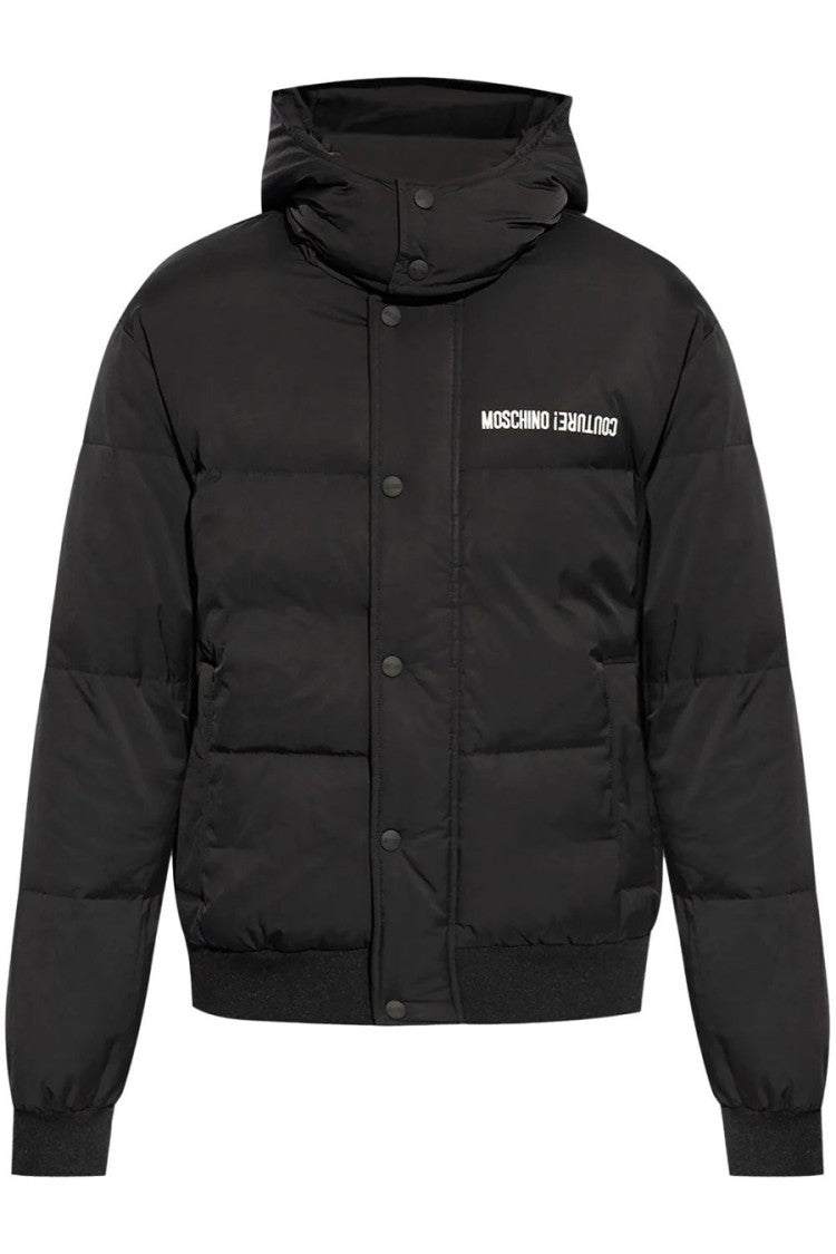 Moschino Puffy Black Jacket With Hood And Iconic Logo Detail