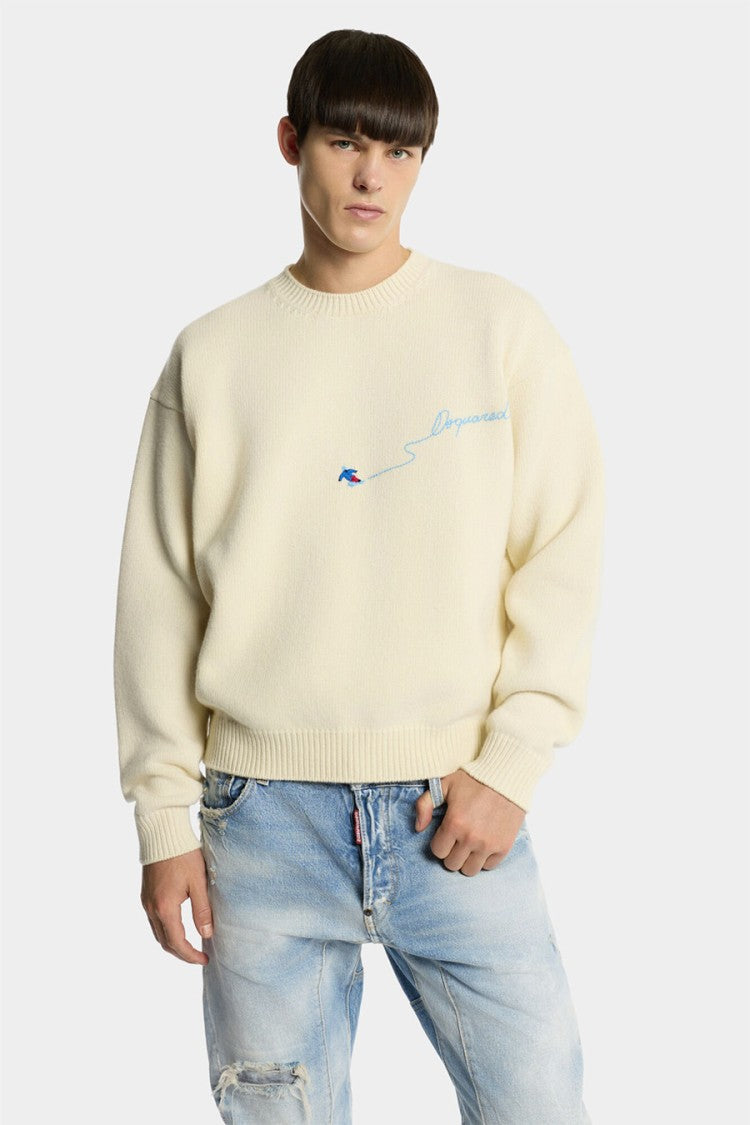 Dsquared2 Cream Wool Embroidered-Logo Sweater
