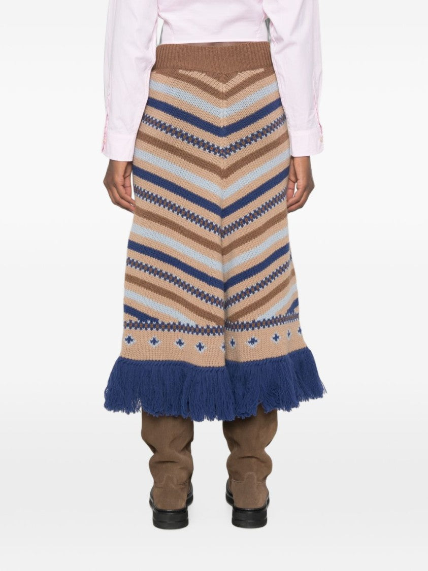 Alanui Multicolor Striped Knitted Fringed Hem Midi Skirt