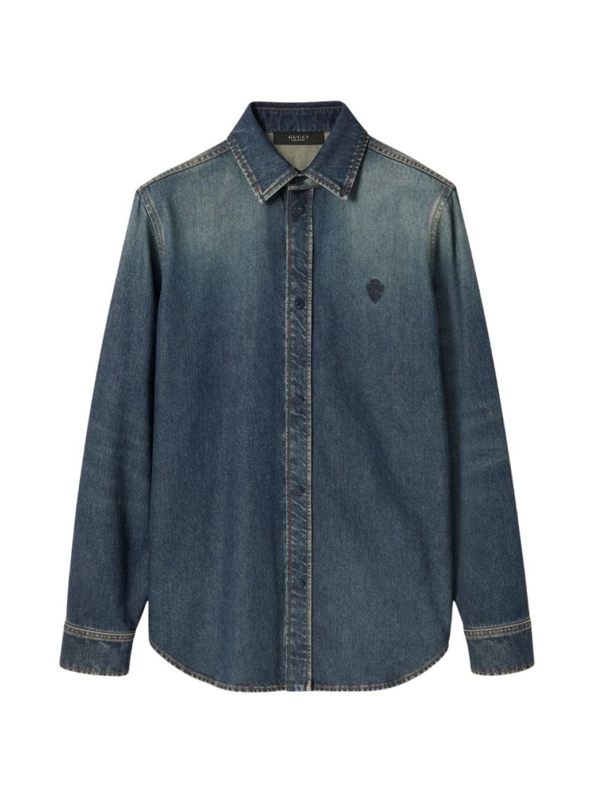 Gucci Blue Washed Cotton Crest Denim Shirt