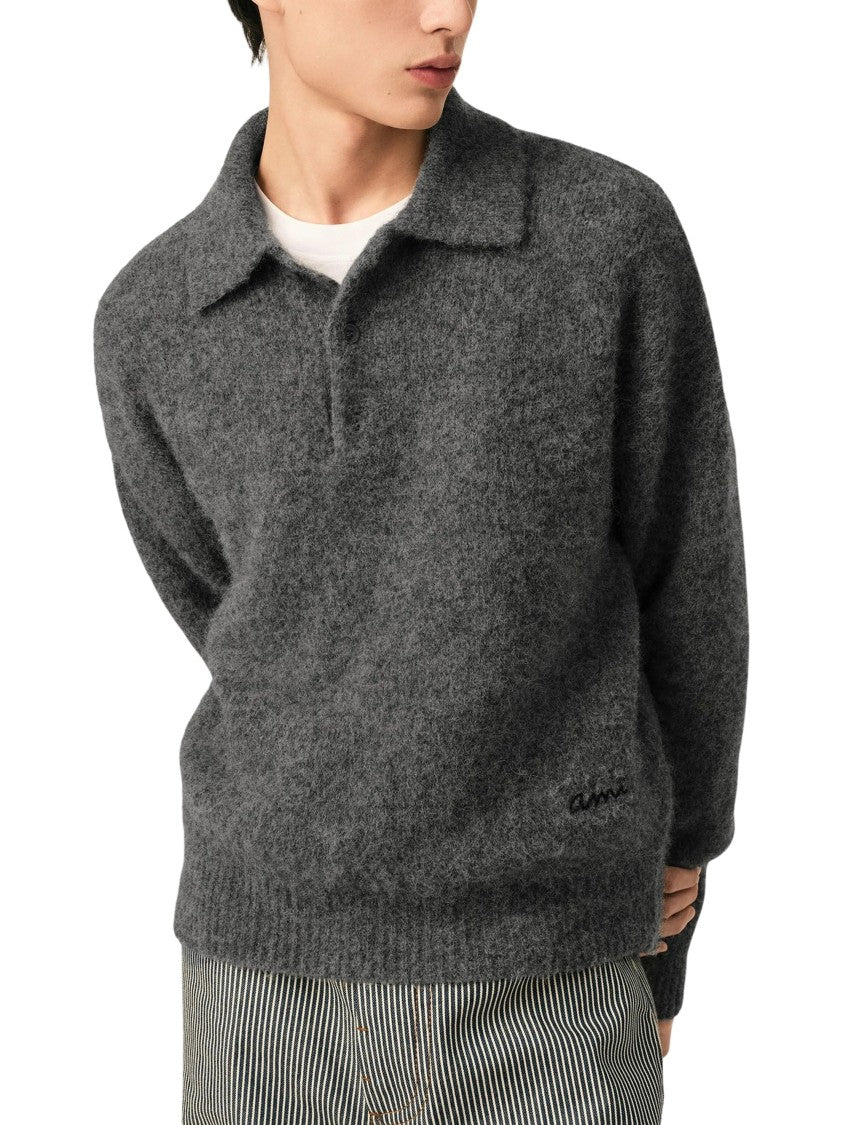 Ami Paris Grey Ami Embroidery Wool-Alpaca Polo Shirt
