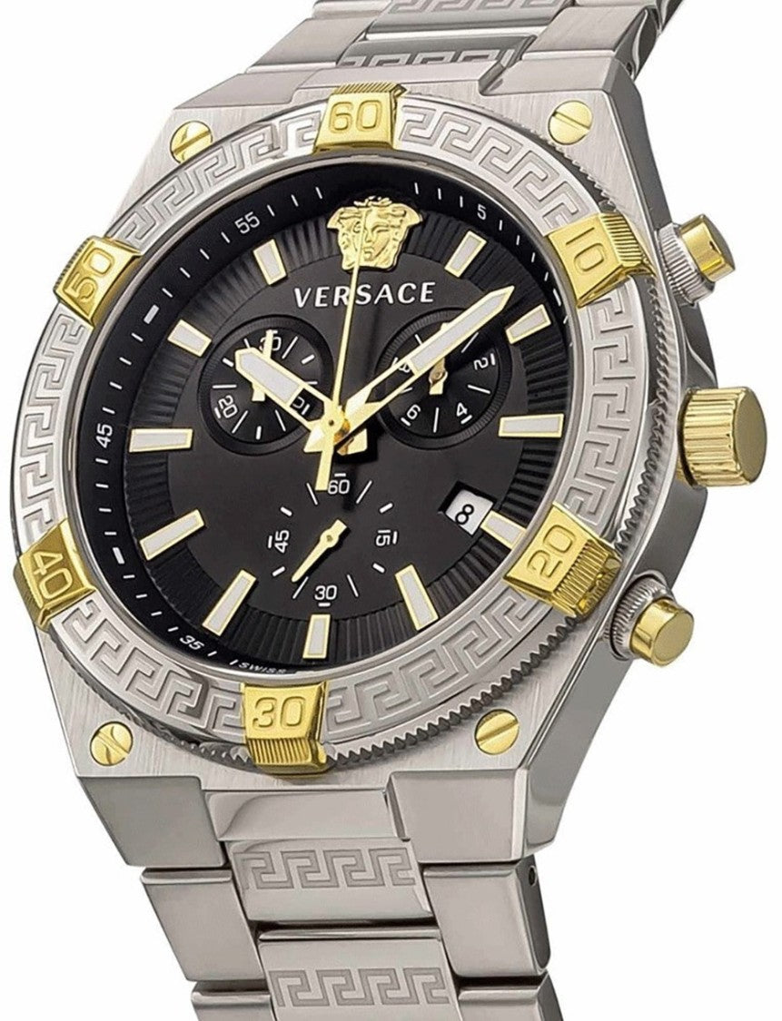 Versace Chronograph Watch With Black Dial And Greca Bracelet