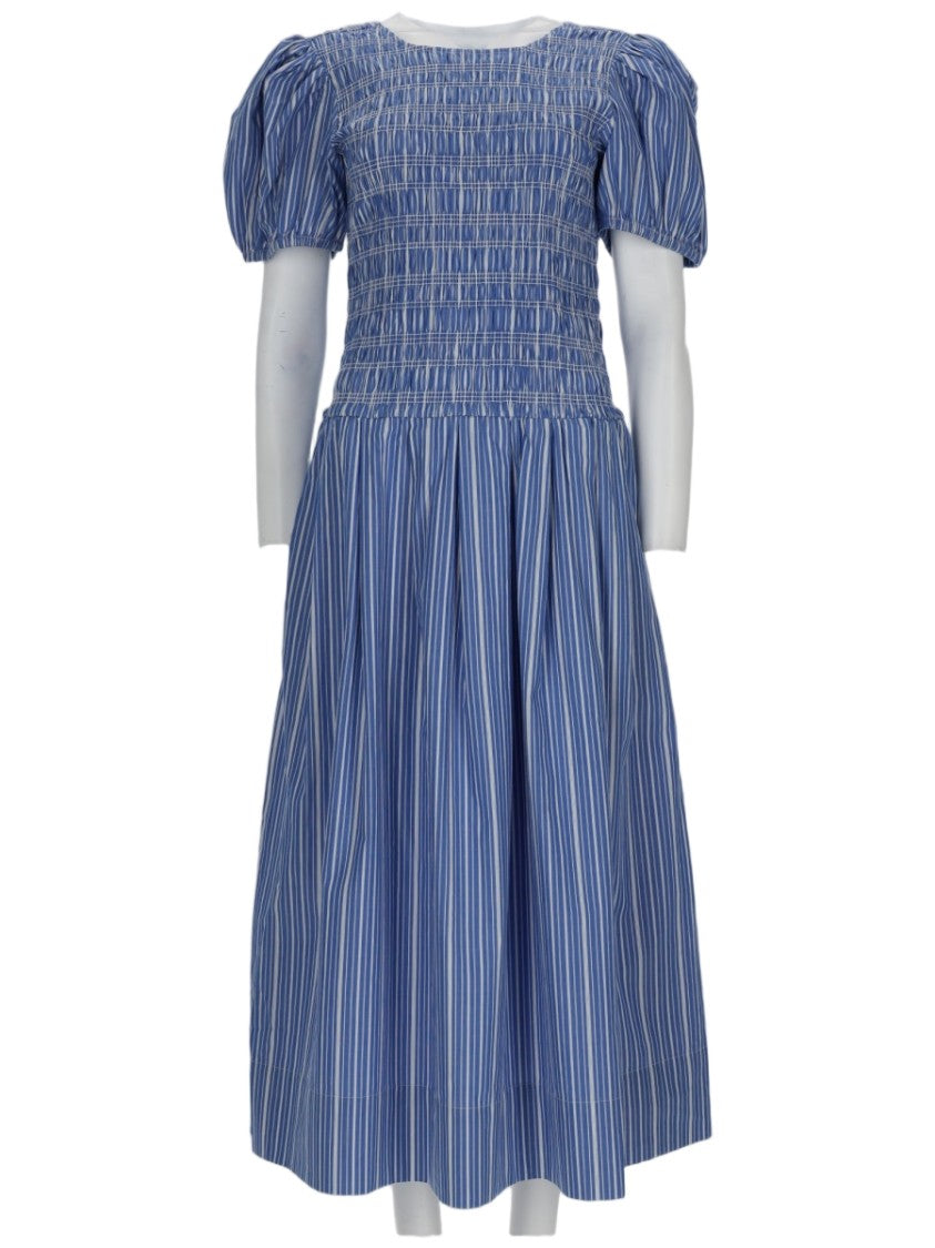 Ganni Striped Midi Dress With Smocked Bodice And Puffed Sleeves