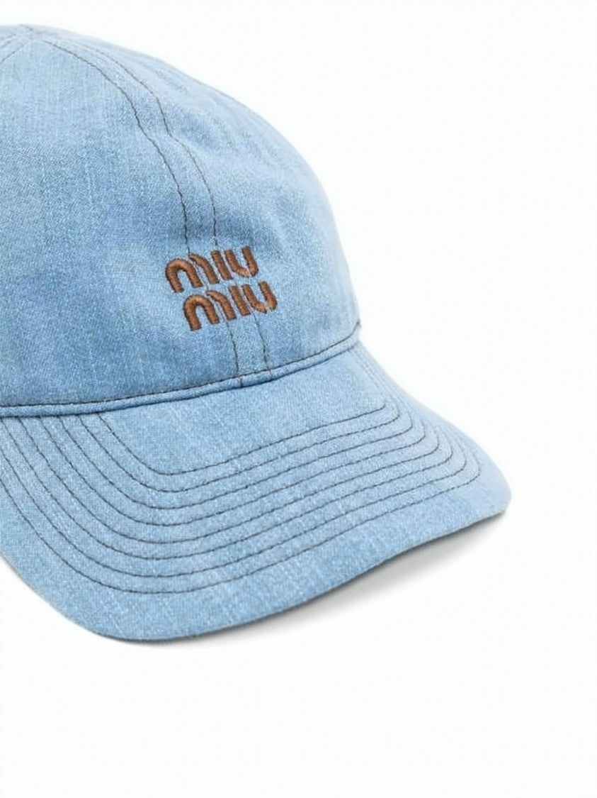 Miu Miu Light Blue Denim Cap With Curved Brim