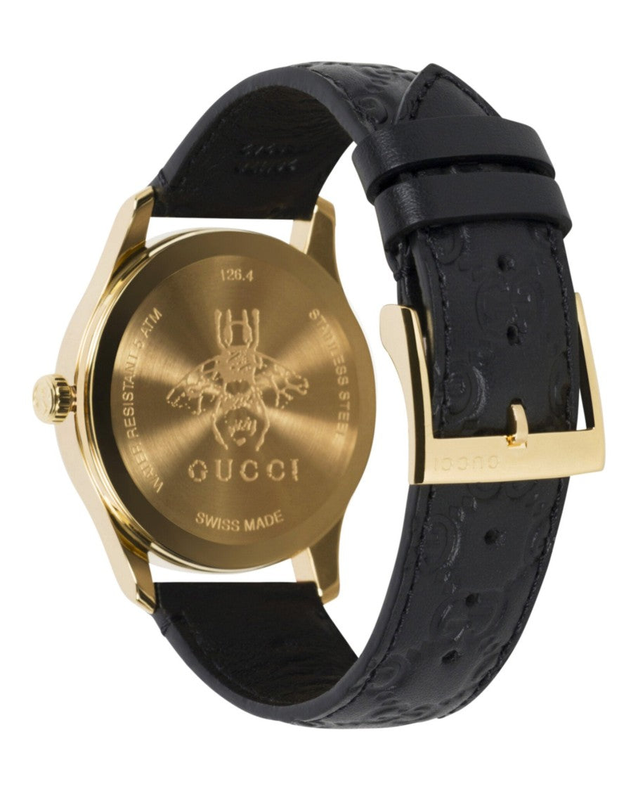 Gucci G-Timeless Ip Yellow Gold Timepiece With Black Leather Strap