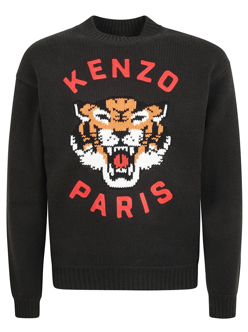 Kenzo Tiger Graphic Black Sweater With Ribbed Texture