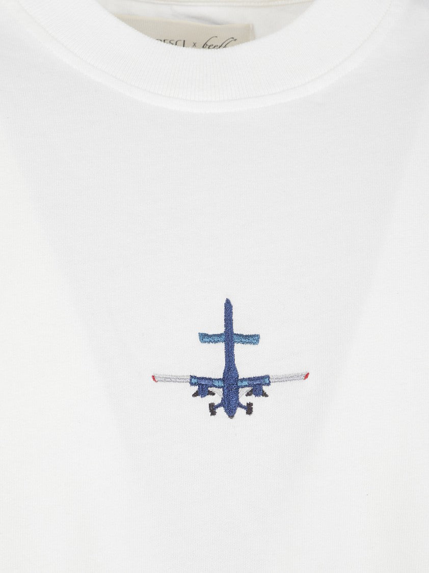 Alberto Bresci White Short-Sleeved T-Shirt With Airplane Embroidery
