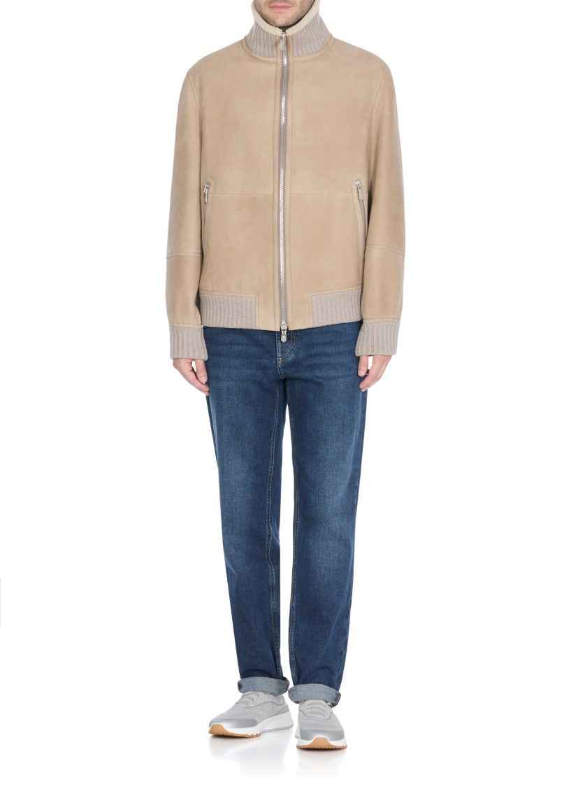 Brunello Cucinelli Beige Leather Bomber Jacket