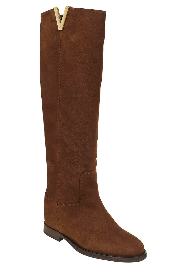 Via Roma 15 Tan Suede Internal Wedge V-Detail High Boots