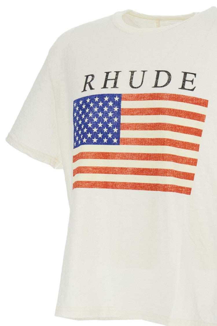 Rhude White Usa Flag Slub Cotton T-Shirt