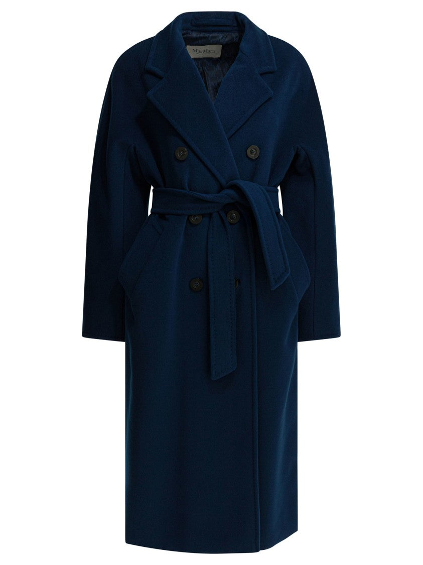 Max Mara Double-Breasted Navy Coat With Belted Waist And Wide Lapels