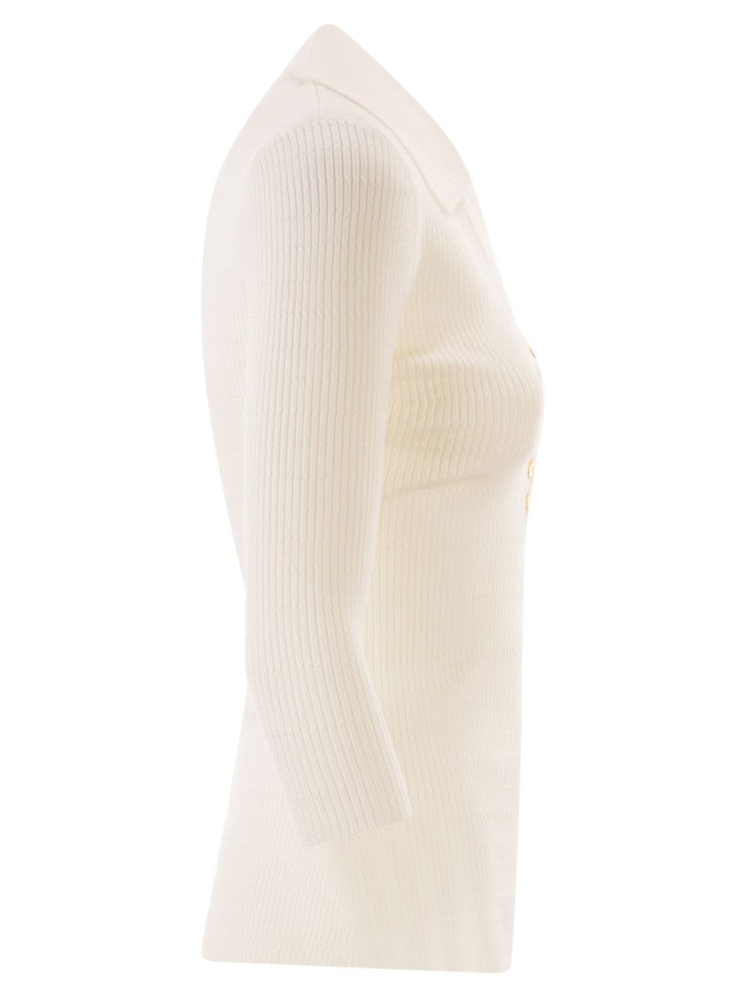 Elisabetta Franchi Micro-Braided Ribbed Knit Polo Shirt With Gold Accents