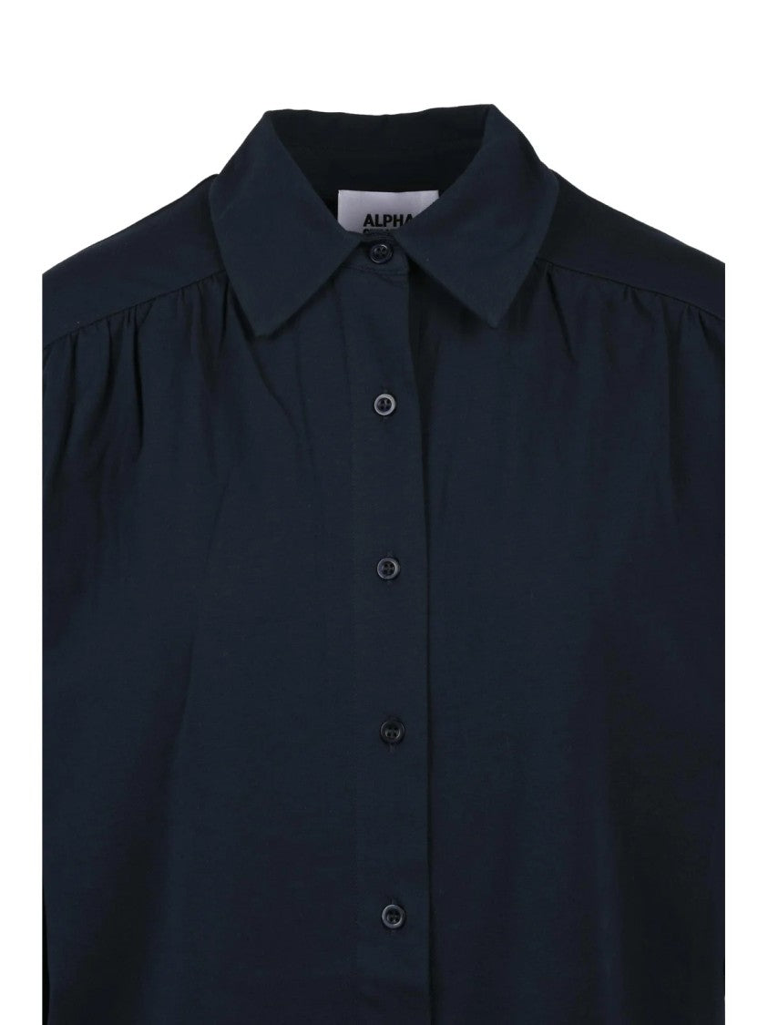 Alpha Studio Midnight Blue Cropped Stretch Cotton Shirt