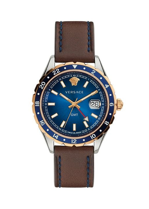 Versace Hellenyium Gmt Quartz Watch With Brown Leather Strap And Blue Dial