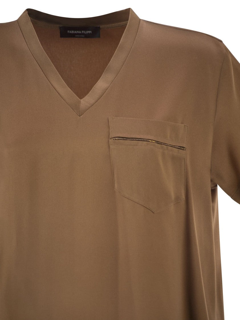 Fabiana Filippi V-Neck Satin Top With Elegant Pocket