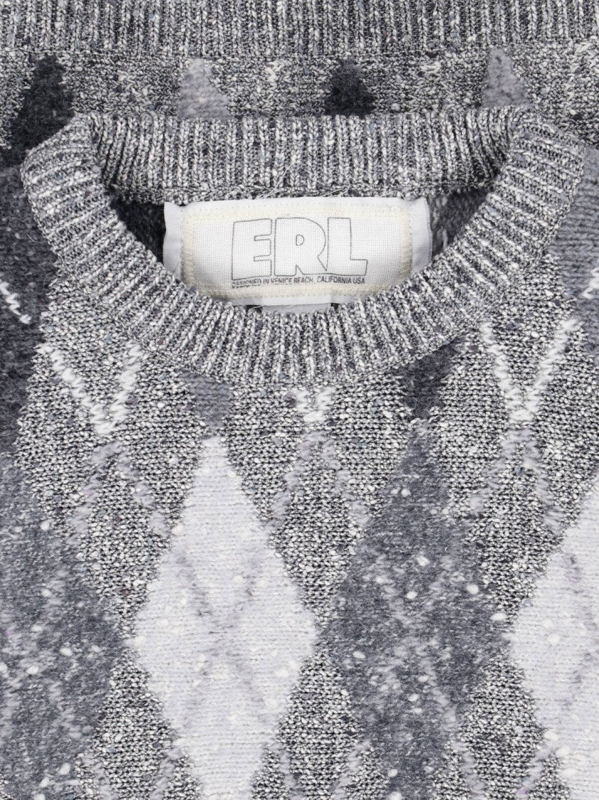 Erl Cropped Grey Argyle Knit Sweater With Ribbed Details