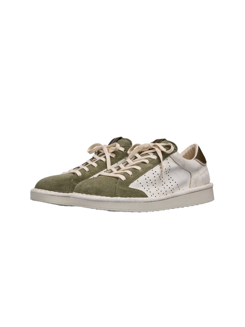 Panchic Ivory Leather Military Green Suede Sneakers