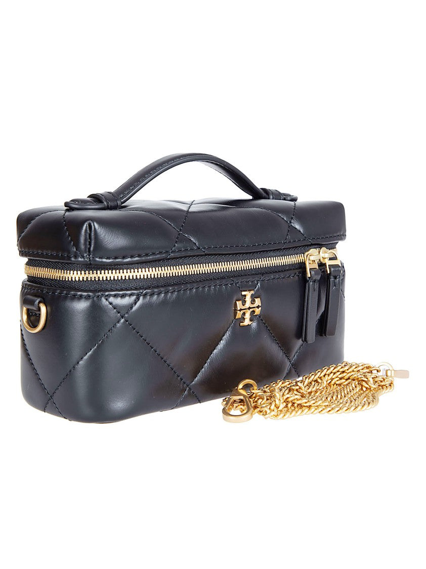 Tory Burch Quilted Black Vanity Wallet With Chain Strap And Signature Emblem
