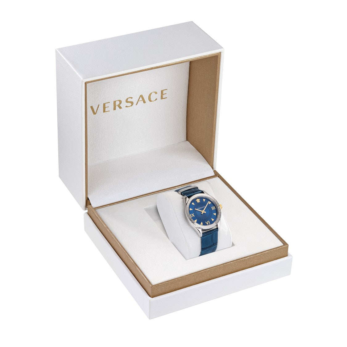 Versace 36Mm Swiss-Made Versace Hellenyium Watch With Blue Dial And Leather Strap