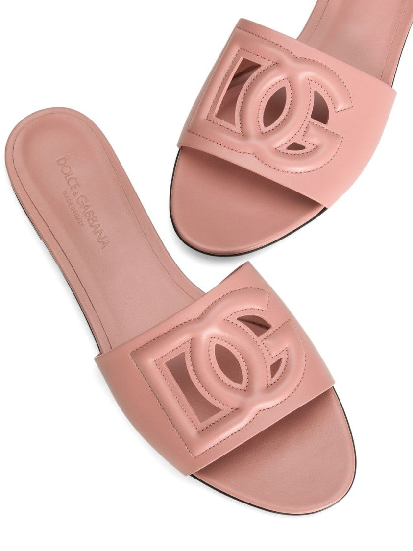 Dolce & Gabbana Pastel Pink Leather Slipper With Embossed Logo