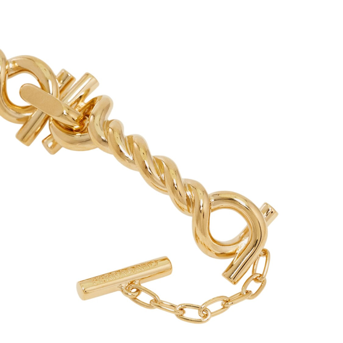 Salvatore Ferragamo Gold Torchon Hook Custom T-Bar Brass Necklace