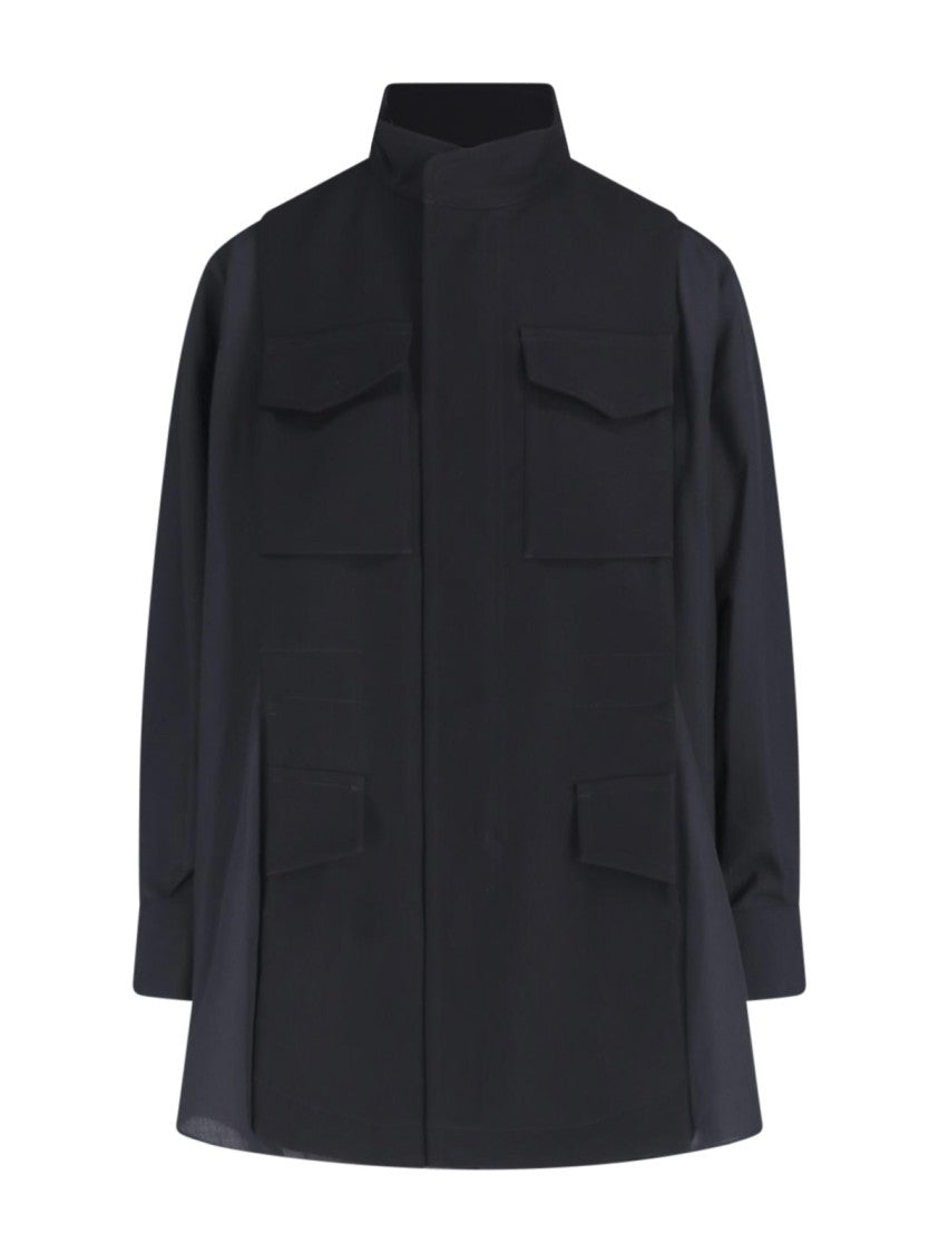 Sacai Maxi Shirt In Black Crêpe Satin With Concealed Closure