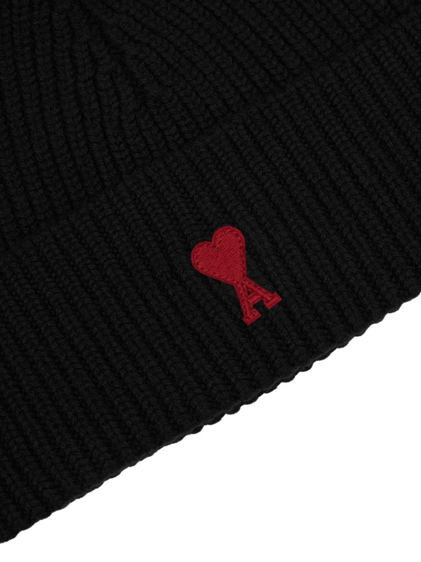 Ami Paris Black Ami De Coeur Ribbed Wool Beanie