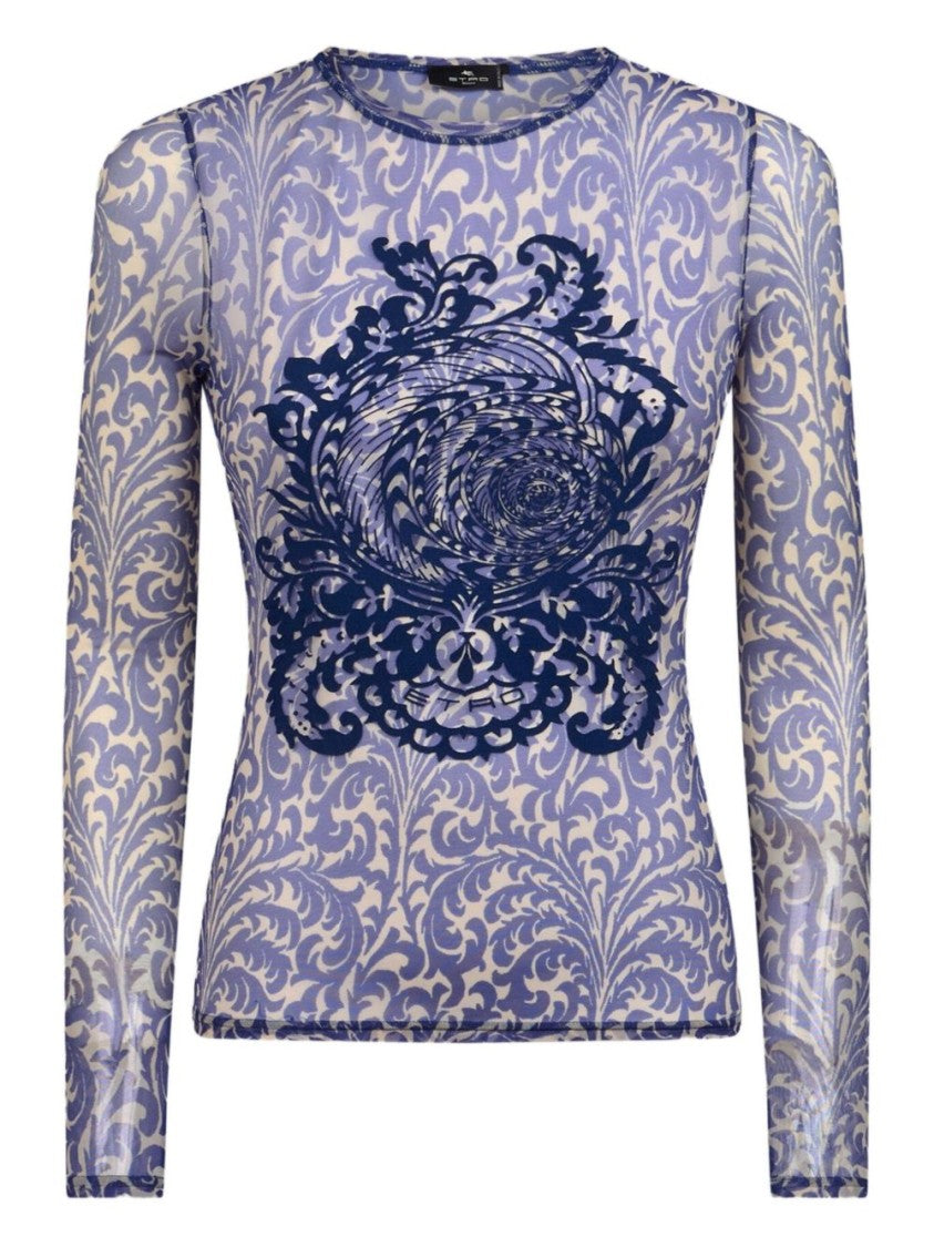 Etro Semi-Sheer Crew Neck Long Sleeve Top