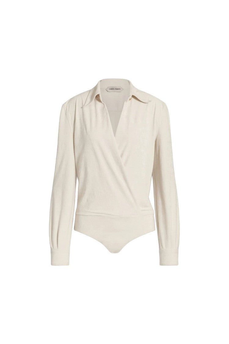 Alberta Ferretti Ivory Triacetate-Blend Wrap Top Bodysuit