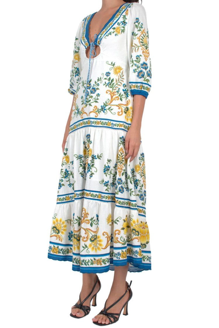 Farm Rio Multicolor Floral Tiered Linen-Blend Midi Dress