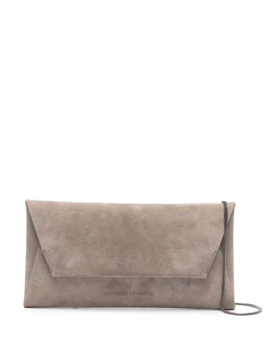 Brunello Cucinelli Suede Finish Clutch Bag With Fold-Over Flap