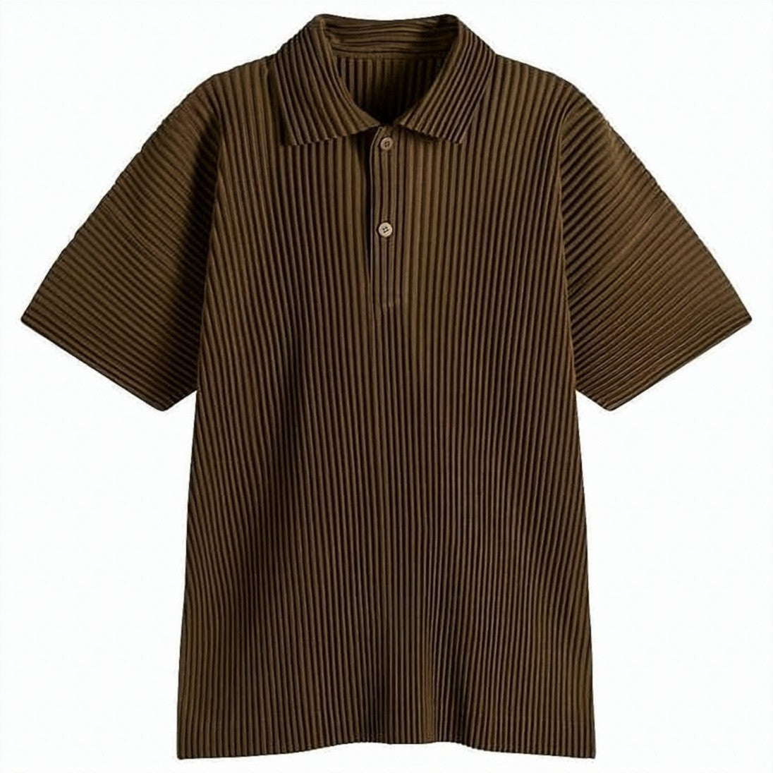 Homme Plissé Issey Miyake Vertical Pleated Brown Polo Shirt With Classic Collar And Button Placket
