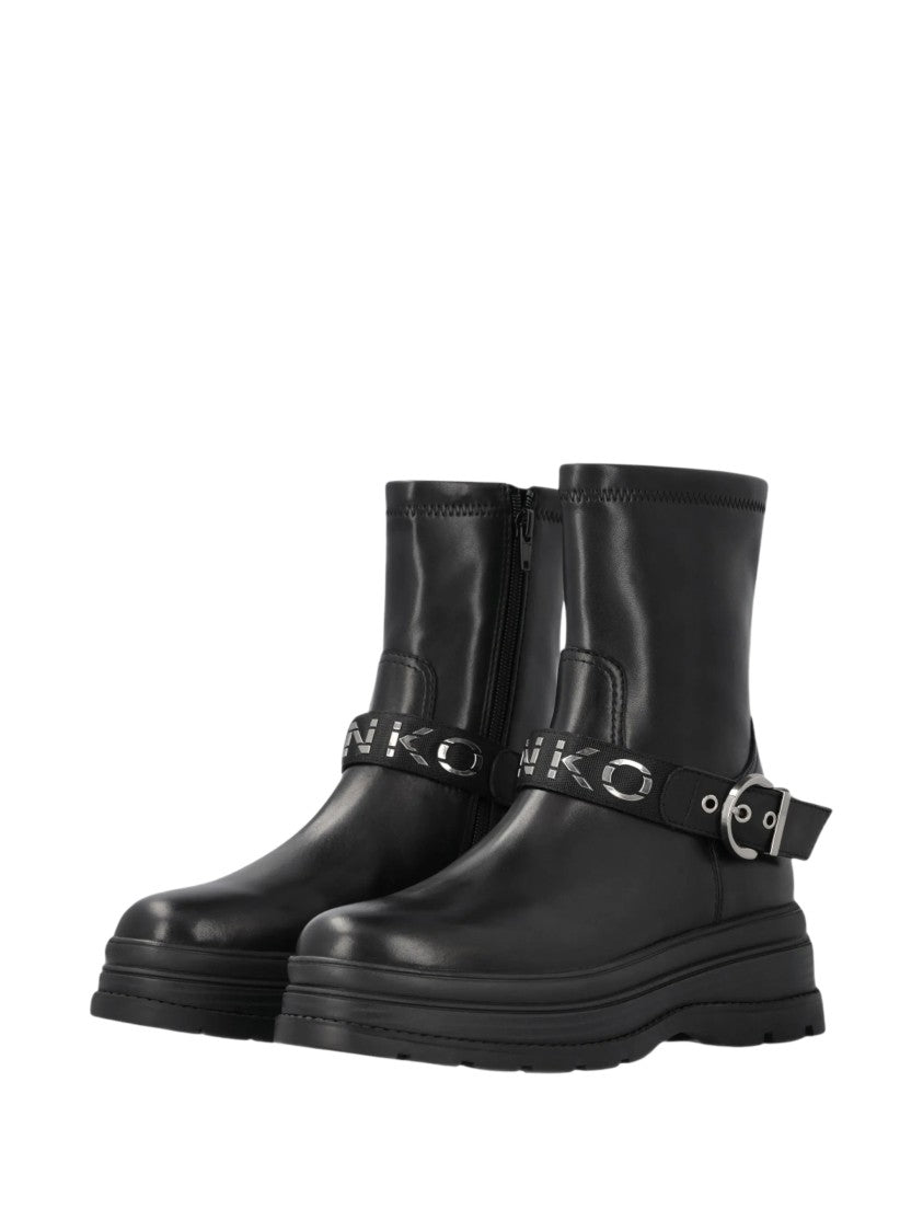 Pinko Ankle Boots With Silver Buckle And Sturdy Sole