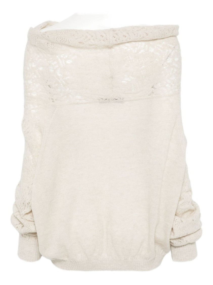 Dexterior Off-Shoulder Lace-Detail Knit Sweater