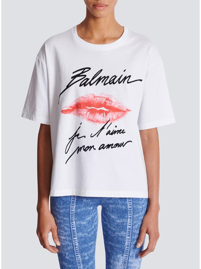 Balmain White T-Shirt Graphic Lip Cotton T-Shirt