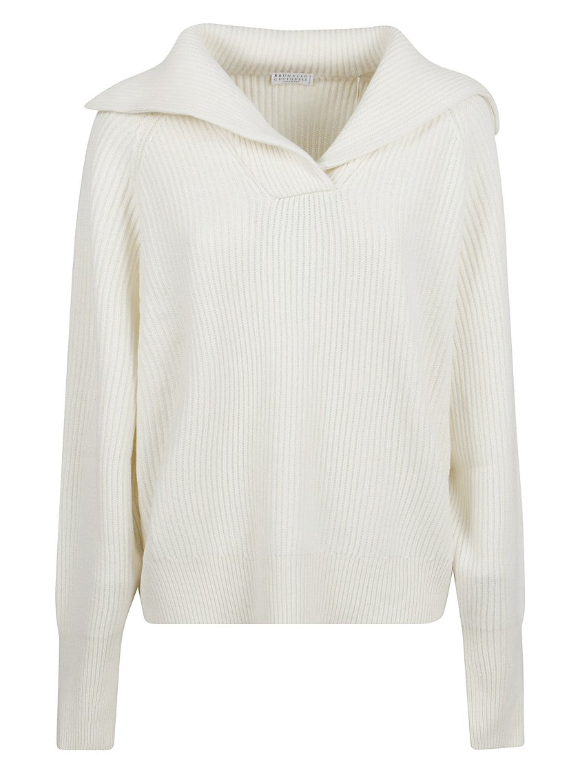 Brunello Cucinelli Ribbed Knit Sweater With Wide Collar