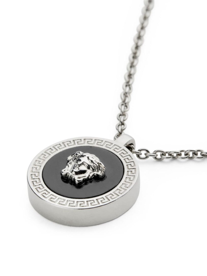 Versace Silver-Tone Chain Necklace With Greek Key Pendant