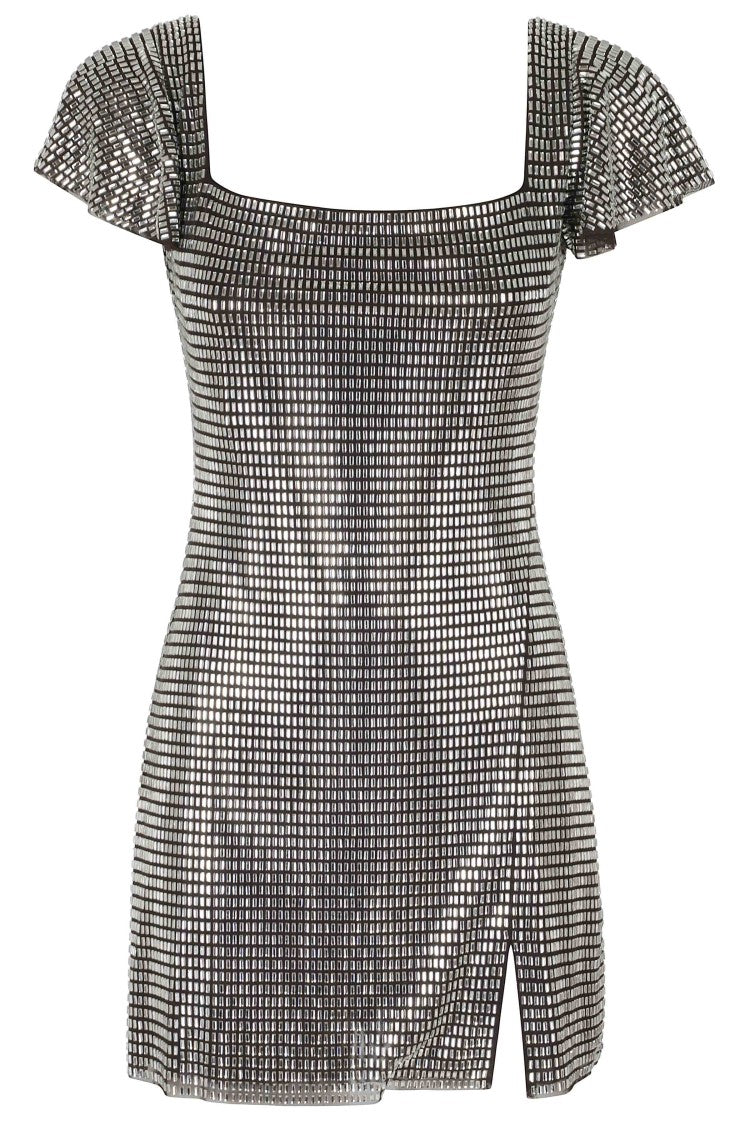 Self-Portrait Gray Rhinestone-Embellished Mesh Ruffled Mini Dress