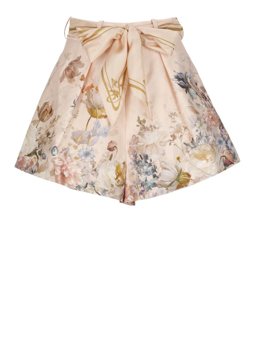 Zimmermann Peach Pink Belted High-Waisted Floral Bermuda Shorts