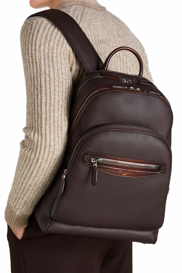 Santoni Artisanal Brown Leather Backpack With Dual Compartments