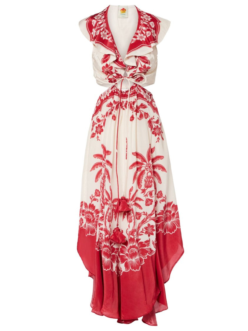 Farm Rio Red Botanical Motif Viscose Midi Dress